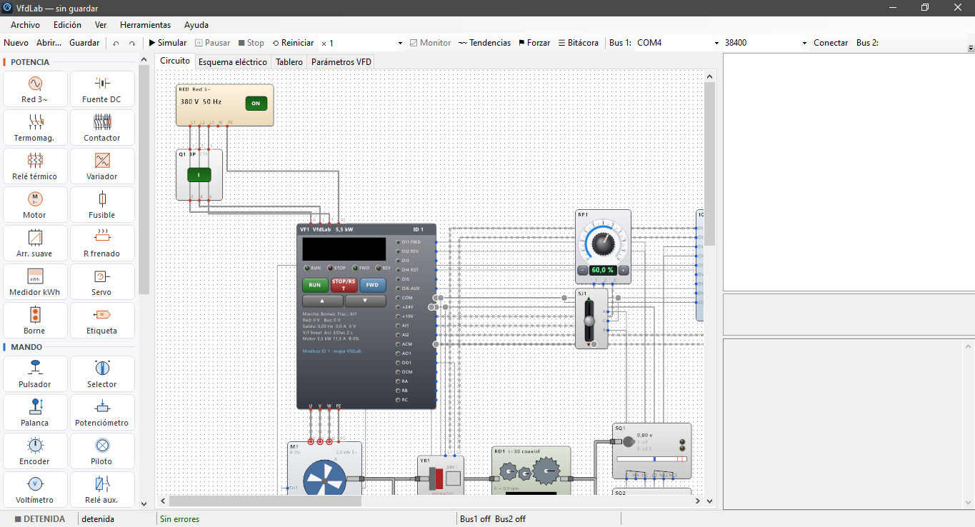 VfdLab en Windows con el ejemplo de izaje: la paleta de componentes, el variador VF1 con su teclado, el potenciómetro RP1, la palanca SJ1, el motor M1 con freno, reductor y final de carrera de levas.