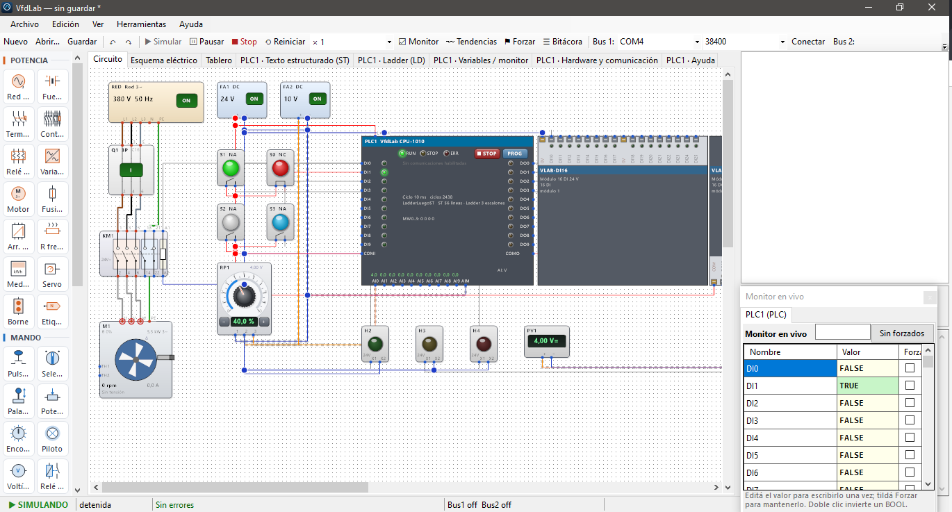 VfdLab simulando: red, termomagnética, contactor KM1 y motor M1; PLC con módulo de entradas, pulsadores, potenciómetro RP1 al 40 %, pilotos y voltímetro, con los cables coloreados por tensión y el monitor en vivo de las variables del PLC.